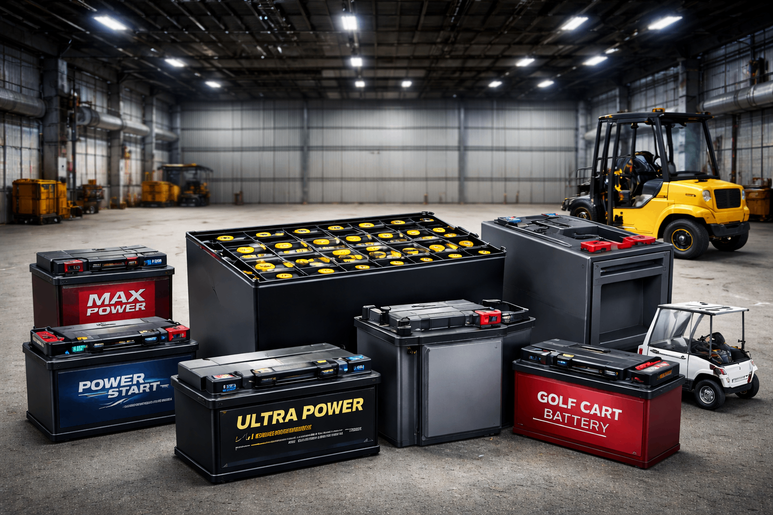 Warehouse setting with various types of lead acid batteries ready for removal