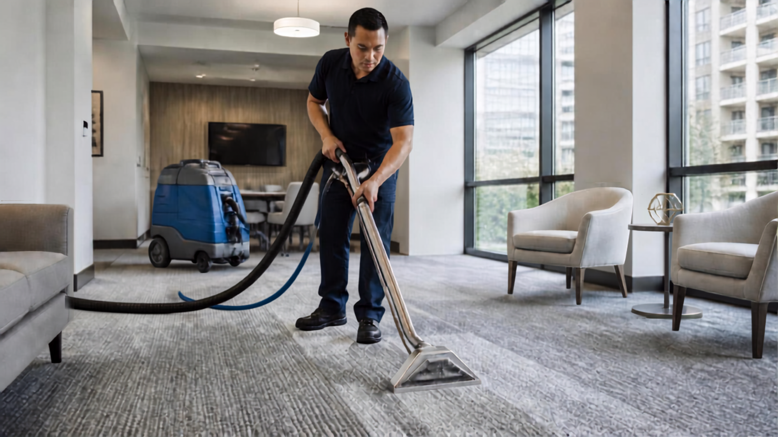 Professional carpet cleaner operating an extraction machine on a living room carpet
