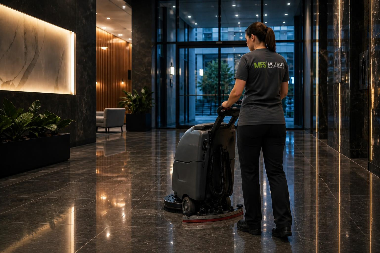 Two professional Multiflex cleaners in blue aprons cleaning a bright modern office