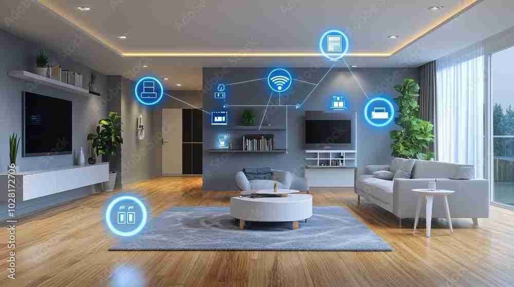 A living room with blue lines connecting various smart home devices