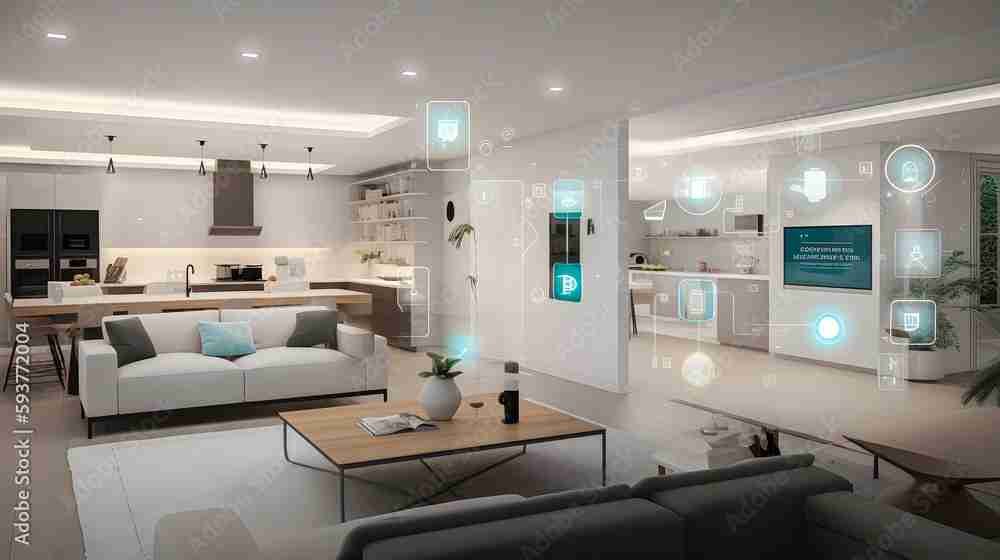 A modern living room with glowing smart home interface icons overlaid
