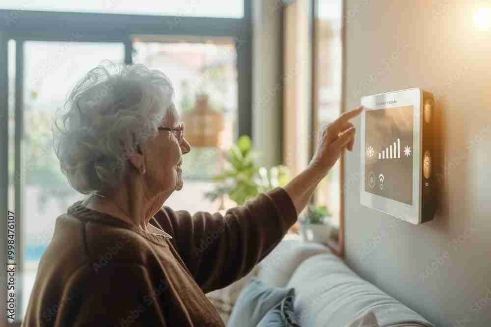 An elderly woman using a wall-mounted smart home control panel