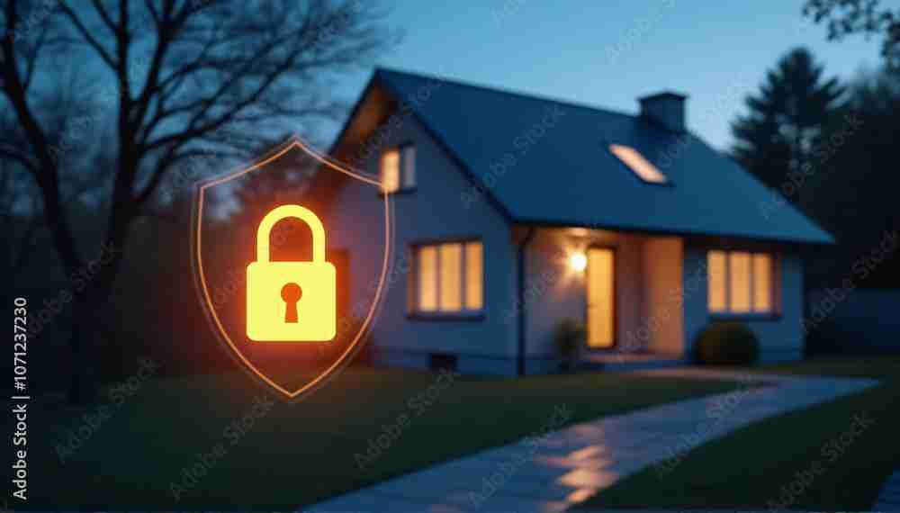 A house at dusk with a glowing security shield icon in front