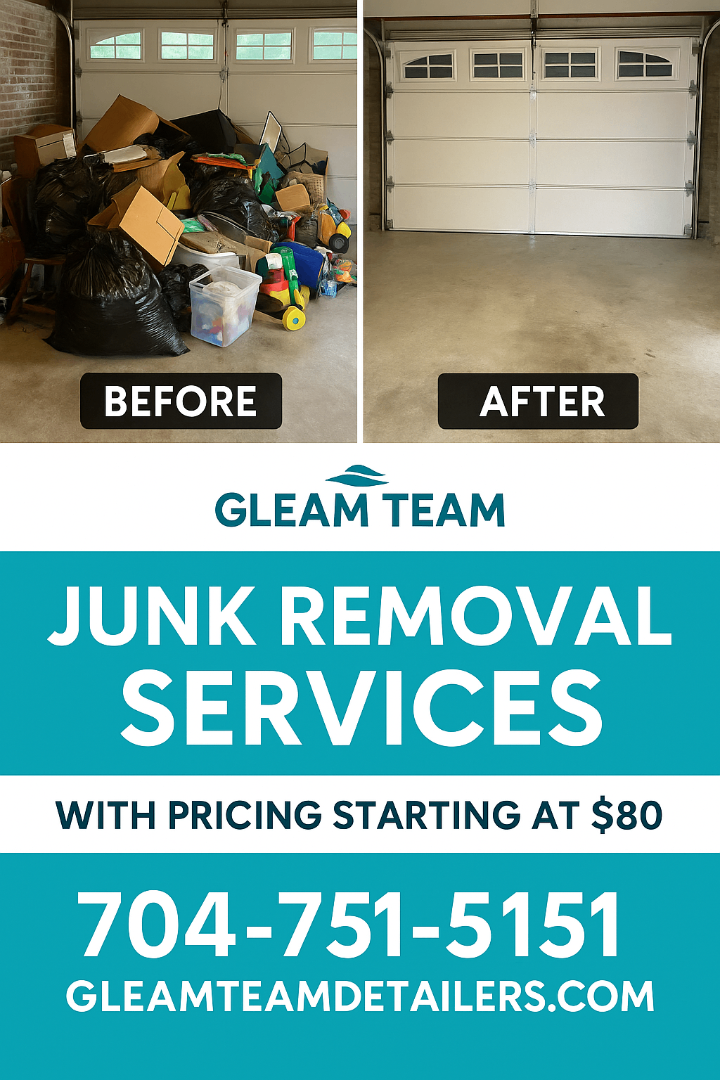 Before and after of a garage cleanout showing junk removal