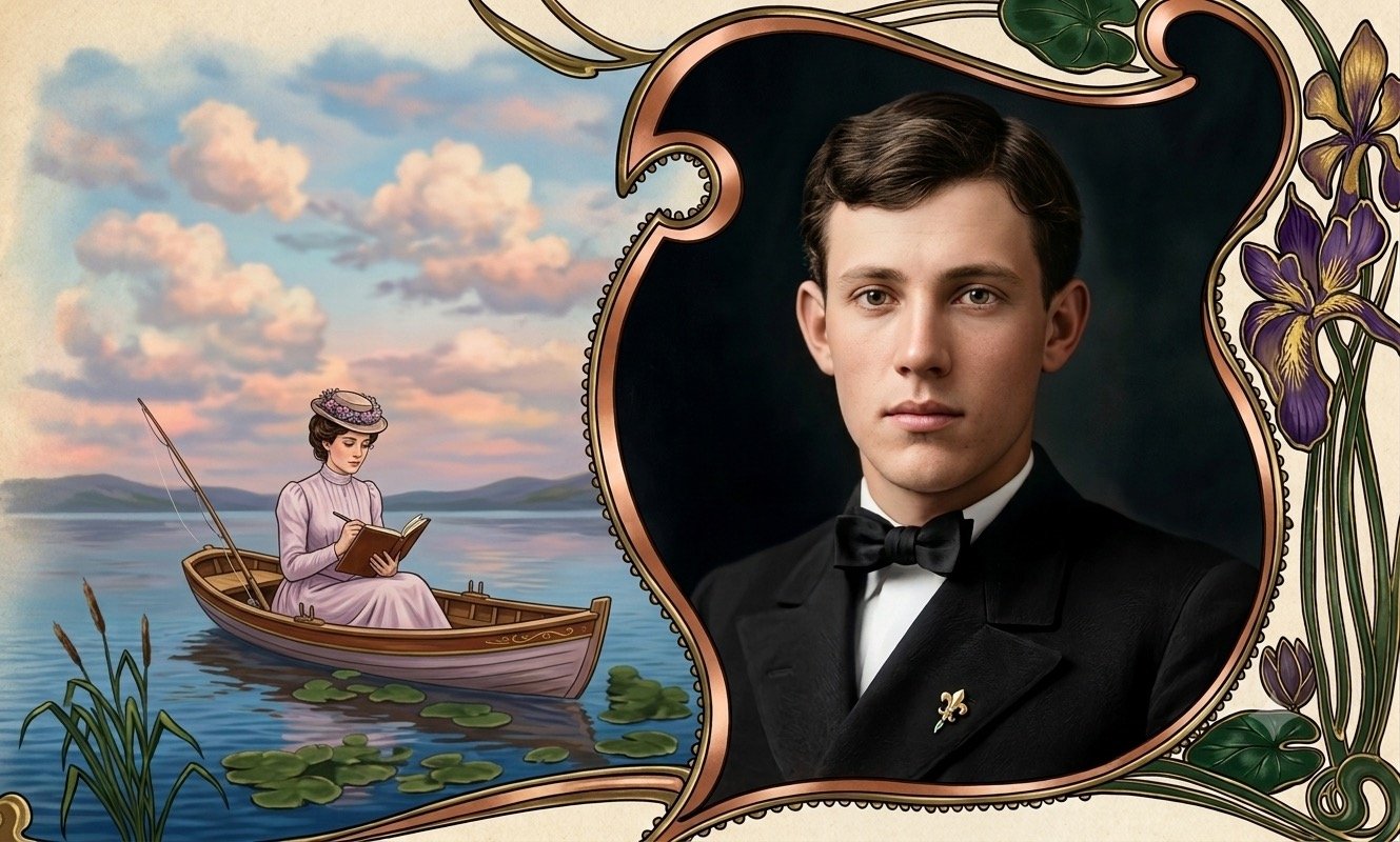 Ornate vintage portrait of Kelly Harrell in a black tuxedo beside an illustrated woman reading in a boat on a tranquil lake, framed by irises and lily pads