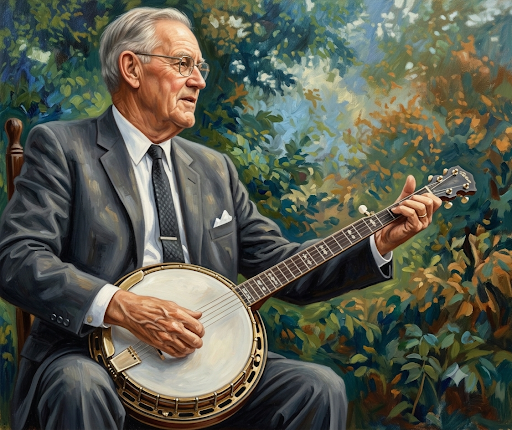 AI-generated historic-style portrait of Dock Boggs seated outdoors in an Appalachian garden, playing his banjo