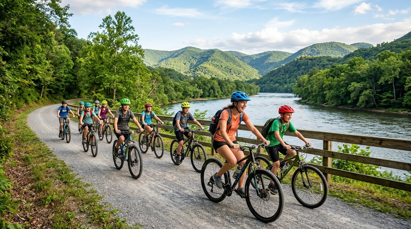 A group of cyclists riding along the New River beside the forested mountains near Fries, Virginia