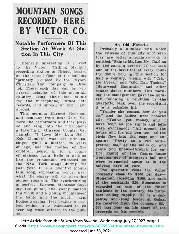 Artículo del Bristol News Bulletin sobre la sesión de grabación de Victor Company, 27 de julio de 1927