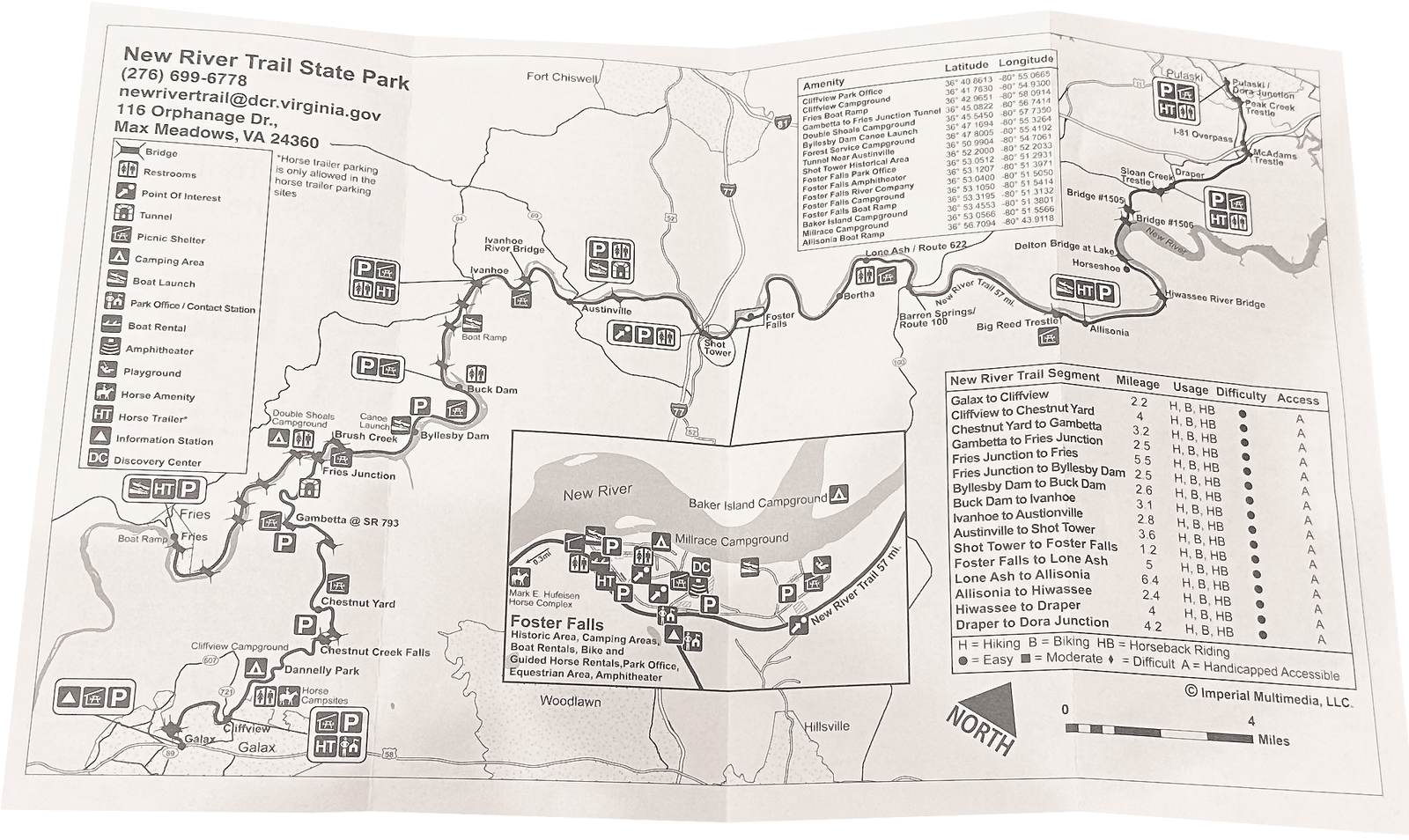 Official New River Trail State Park map showing the 57-mile trail from Galax to Pulaski, with trailheads, amenities, trestle bridges, and mile markers