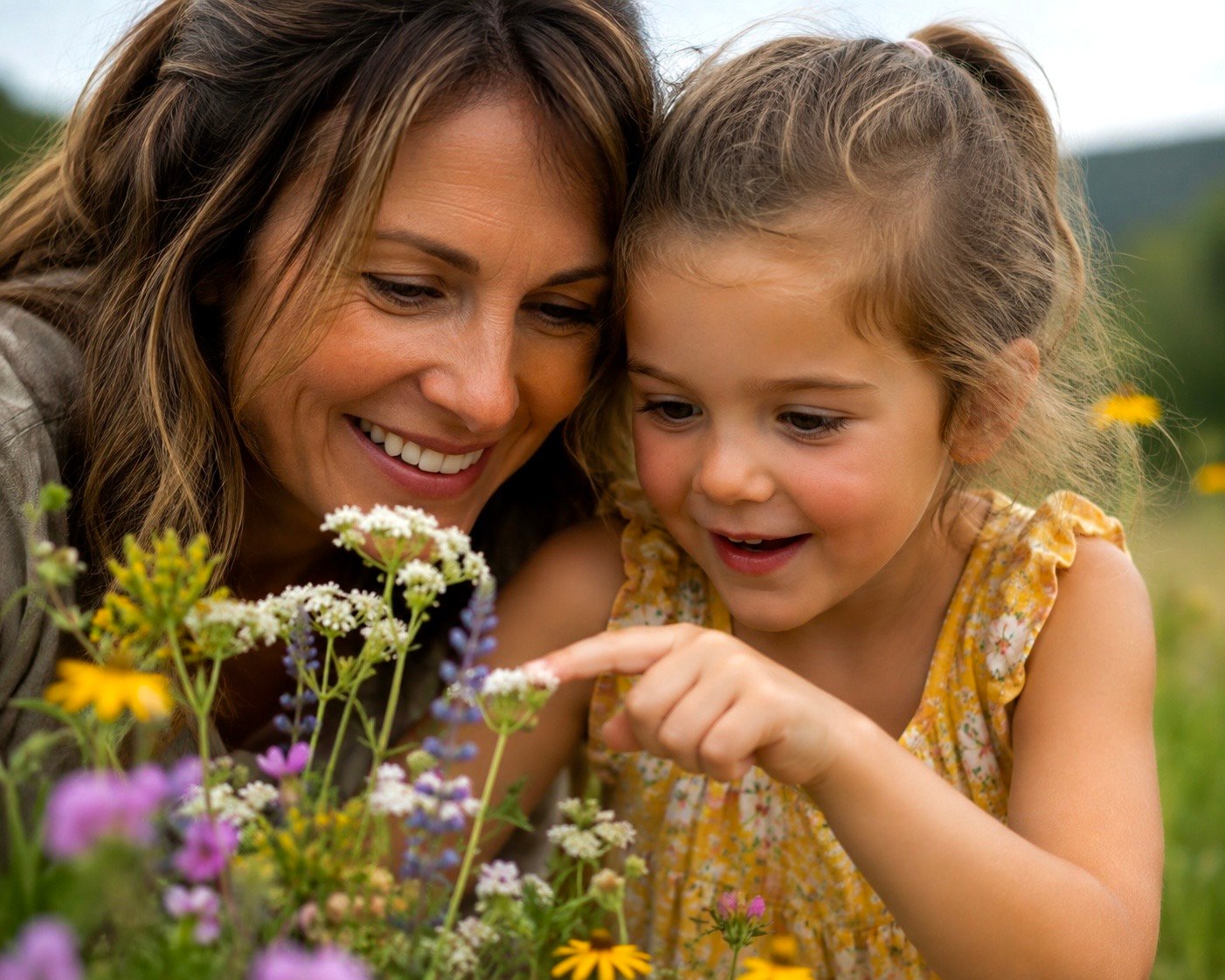 Mother and child exploring wildflowers in nature