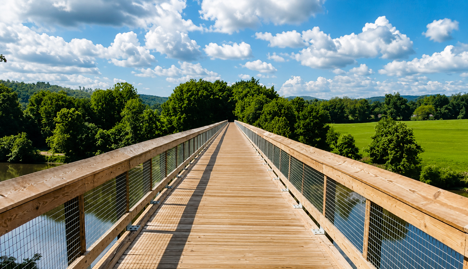 Scenic New River Trail entrance in Virginia with wooden signs, crushed limestone path, lush green forest, and clear blue sky