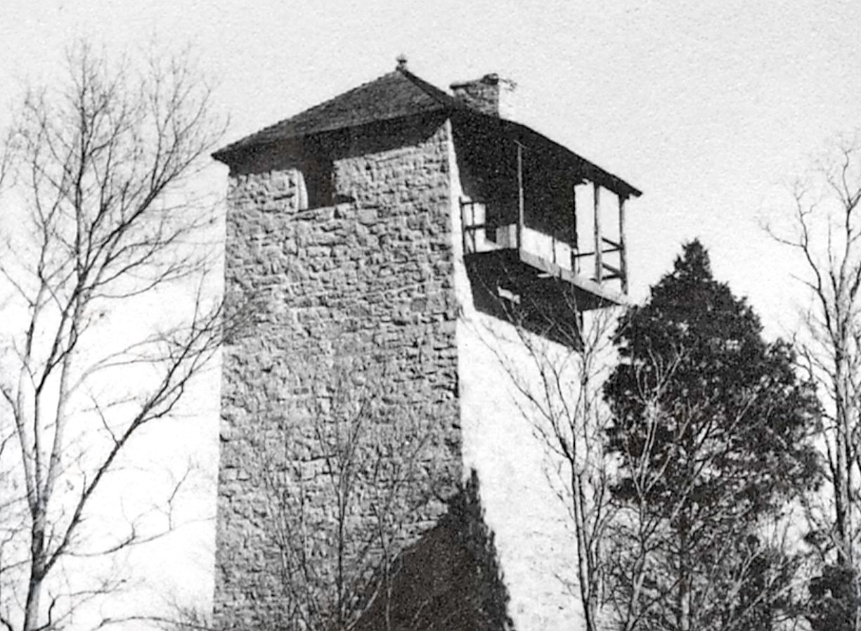 Close-up of the weathered stone masonry of the historic Virginia Shot Tower near Austinville