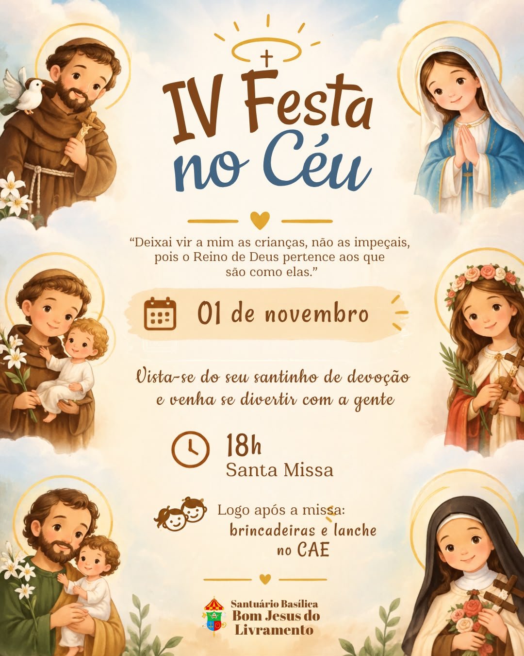 Cartaz da IV Festa no Céu, em 01 de novembro, no Santuário Basílica Bom Jesus do Livramento