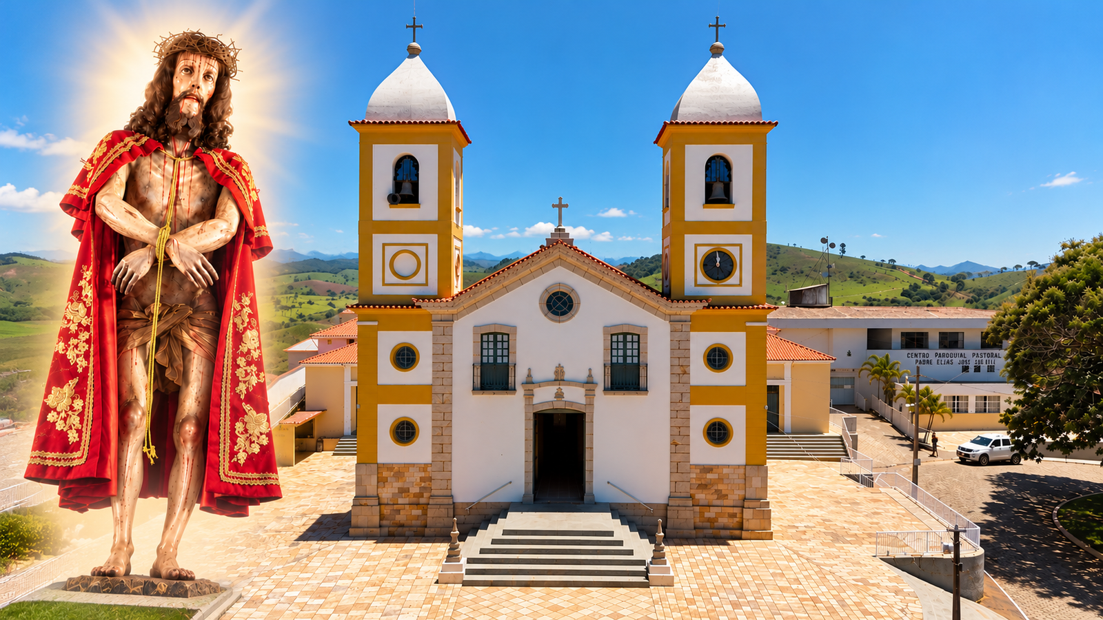 Imagem do Bom Jesus diante da fachada da Basílica, com as duas torres