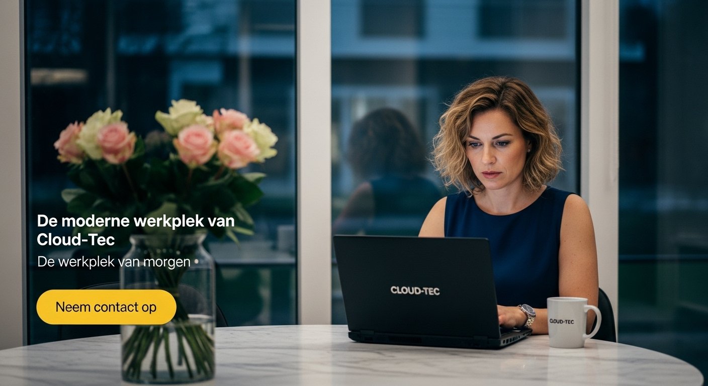 Moderne werkplek met vrouw aan tafel met Cloud-Tec laptop