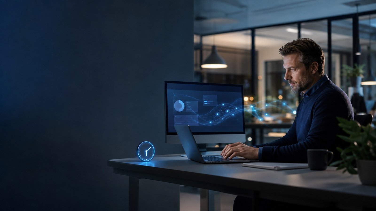 Man at desk with monitor in modern office with blue tech background
