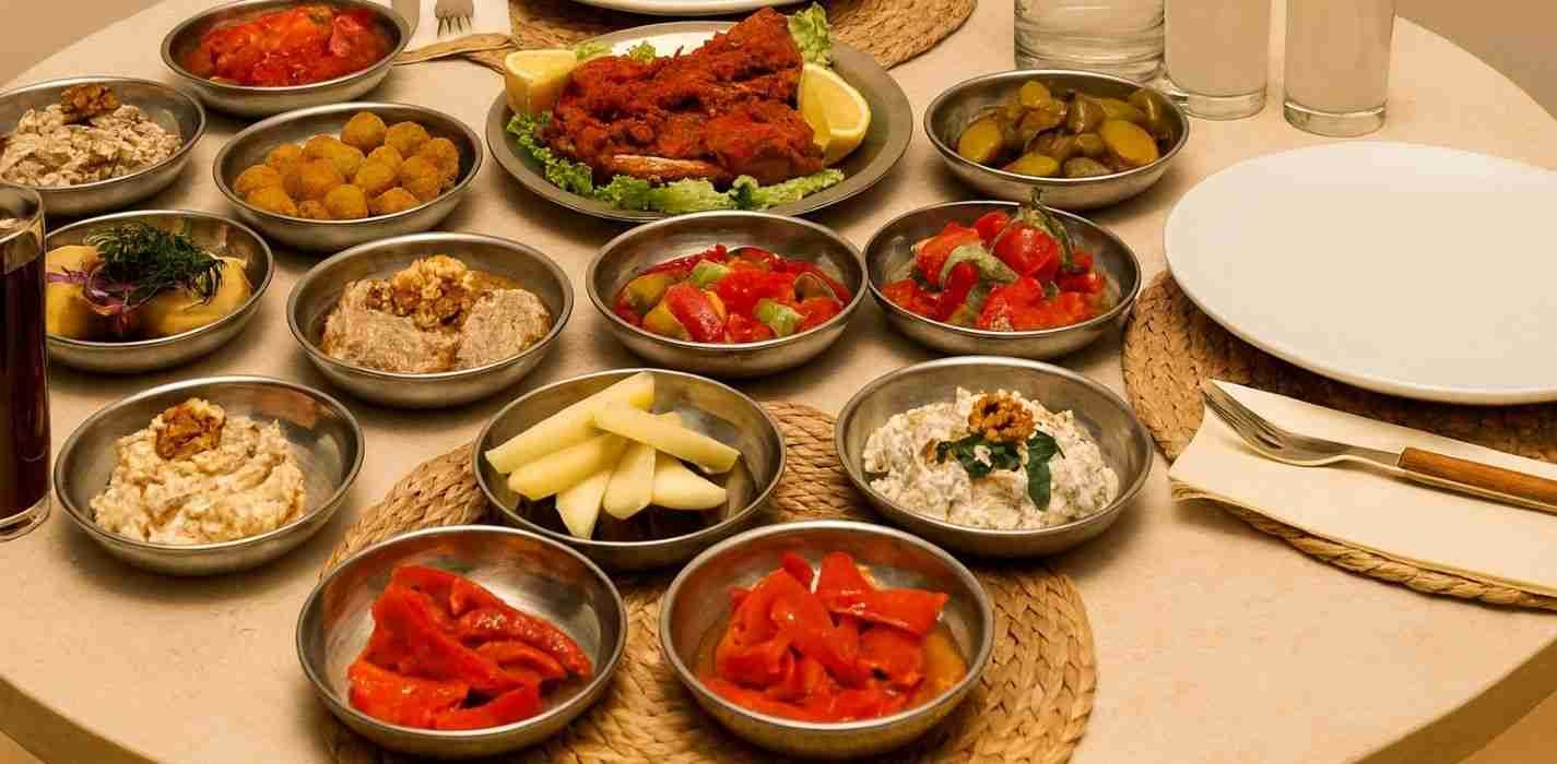Sofraya dizilmiş meze çeşitleri