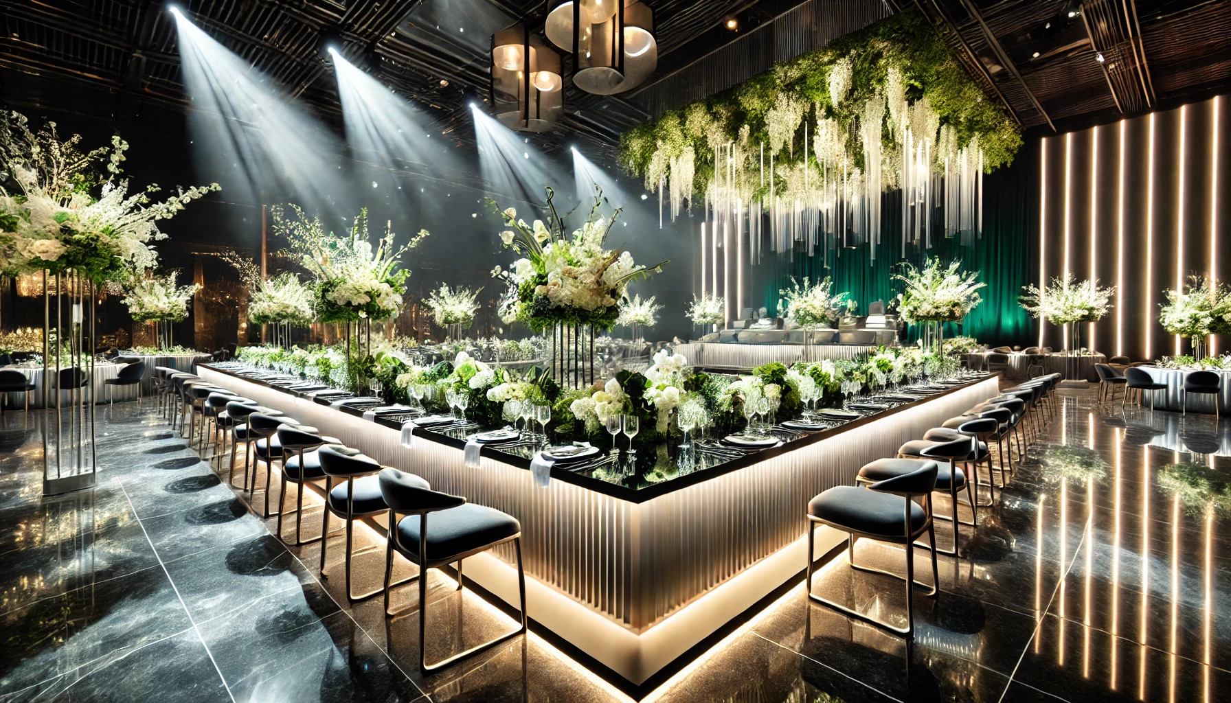 Sala banchetti di lusso con allestimento floreale bianco e verde