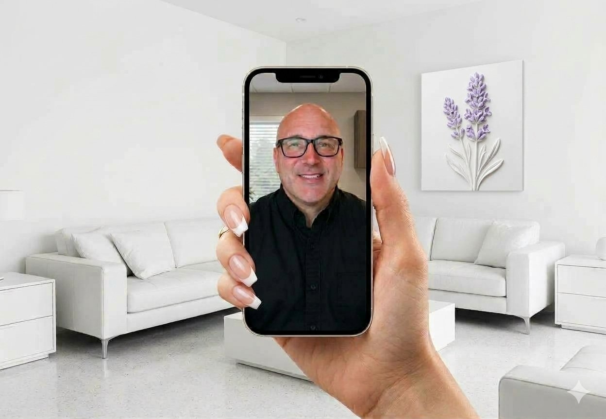 A telehealth visit shown on a phone in a bright, welcoming living room