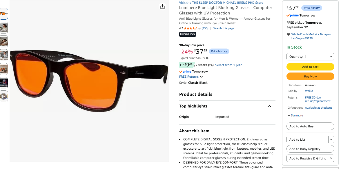 THE SLEEP DOCTOR Luminere blue light blocking glasses Amazon listing with ratings and price