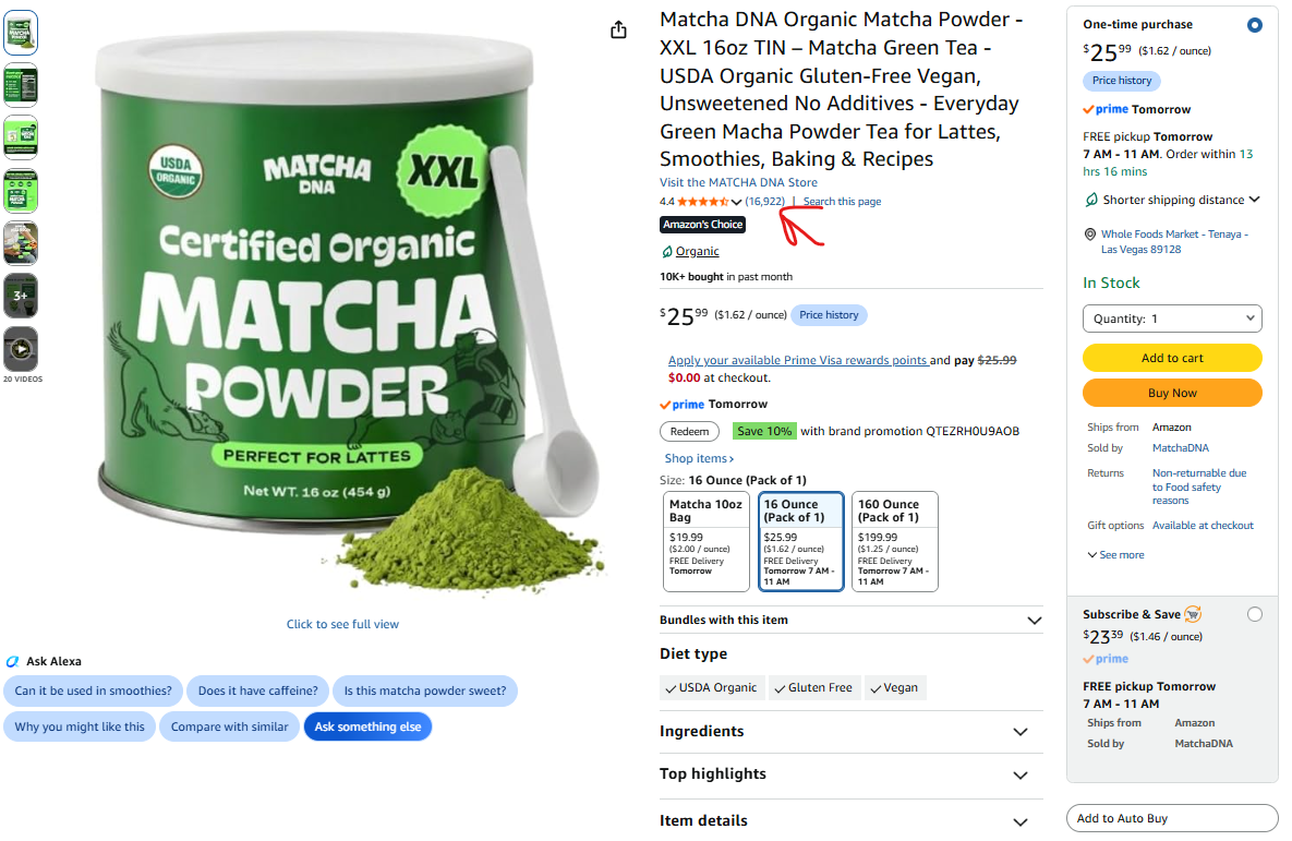 Matcha DNA Organic Matcha Powder Amazon listing showing 4.4 stars and 16,922 reviews