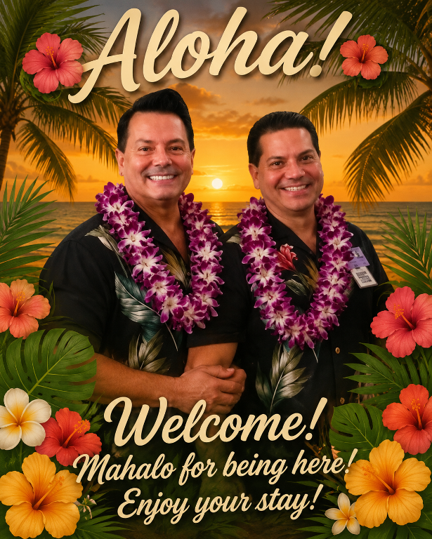 Lei greeter welcoming a guest with fresh flowers