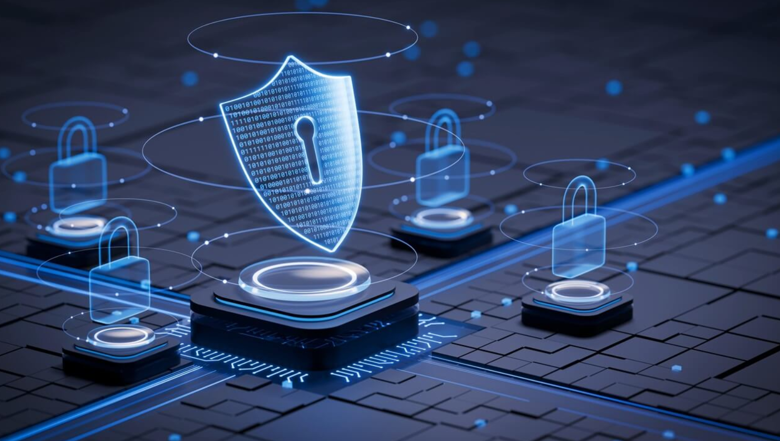 My Tech Security Digital security shield with binary code and locks