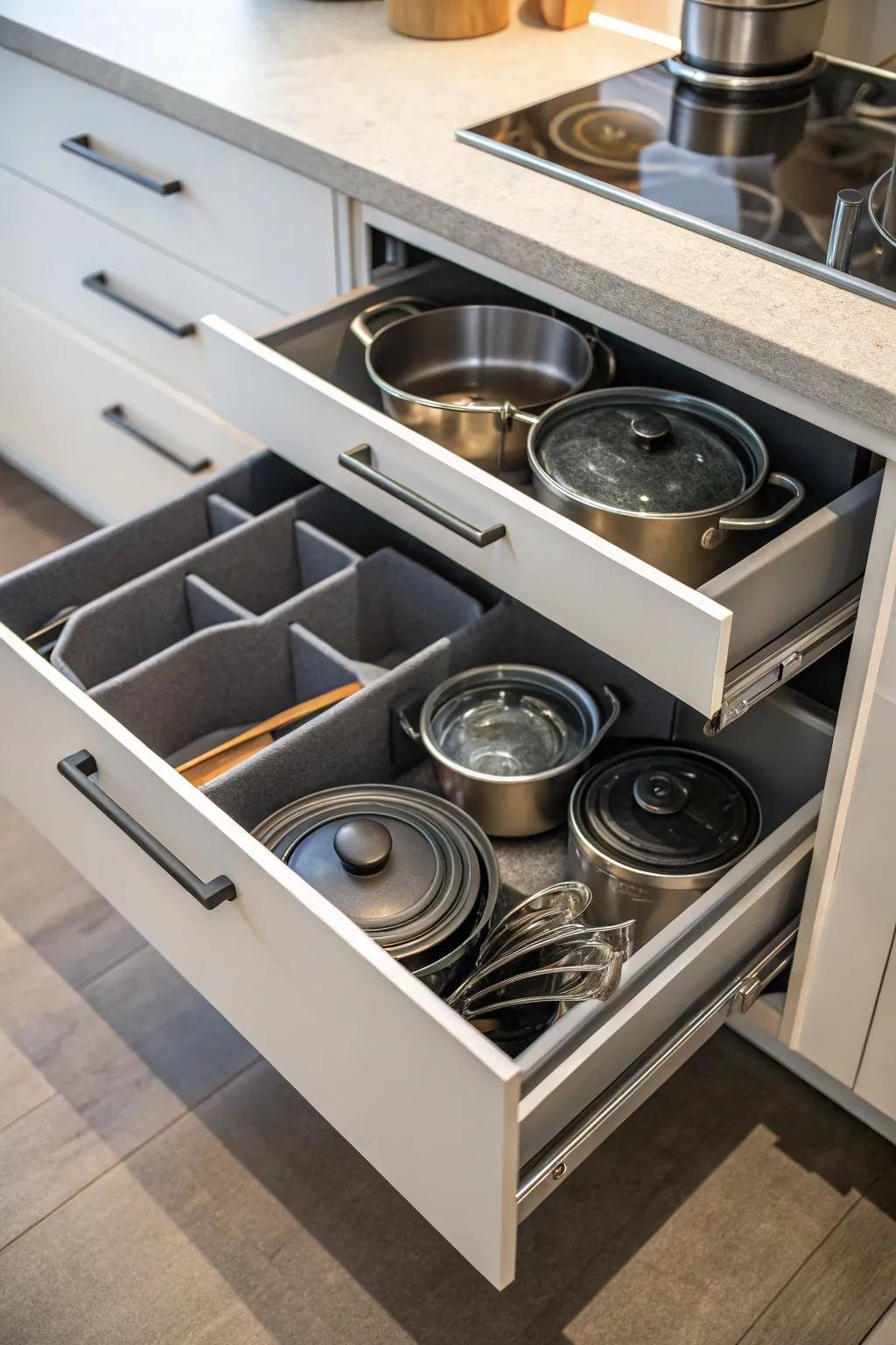 Deep pull-out drawers with dividers holding pots and pans in new cabinets