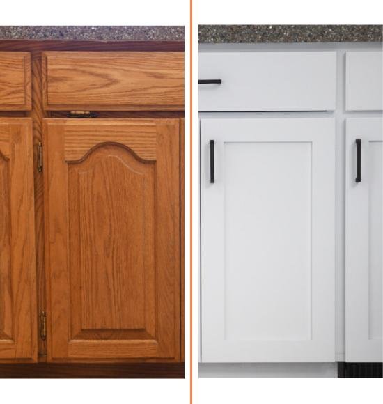 Close-up before and after of an oak cabinet door refaced to a white shaker style
