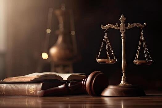 Scales of justice on a desk in a modern law office