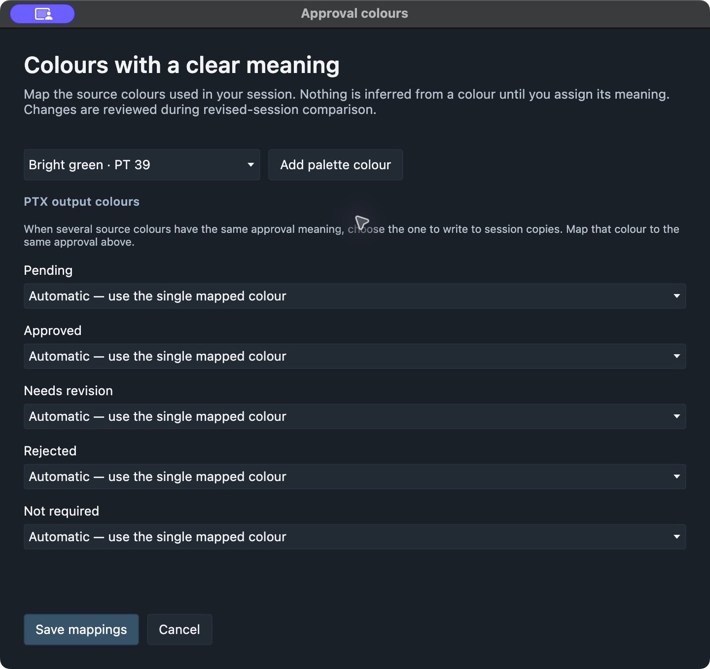 Approval colours setup dialog with output colour choices