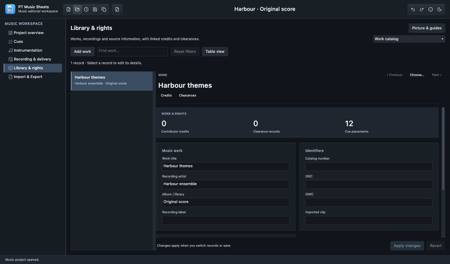 Library and rights work catalogue with music work and identifier fields