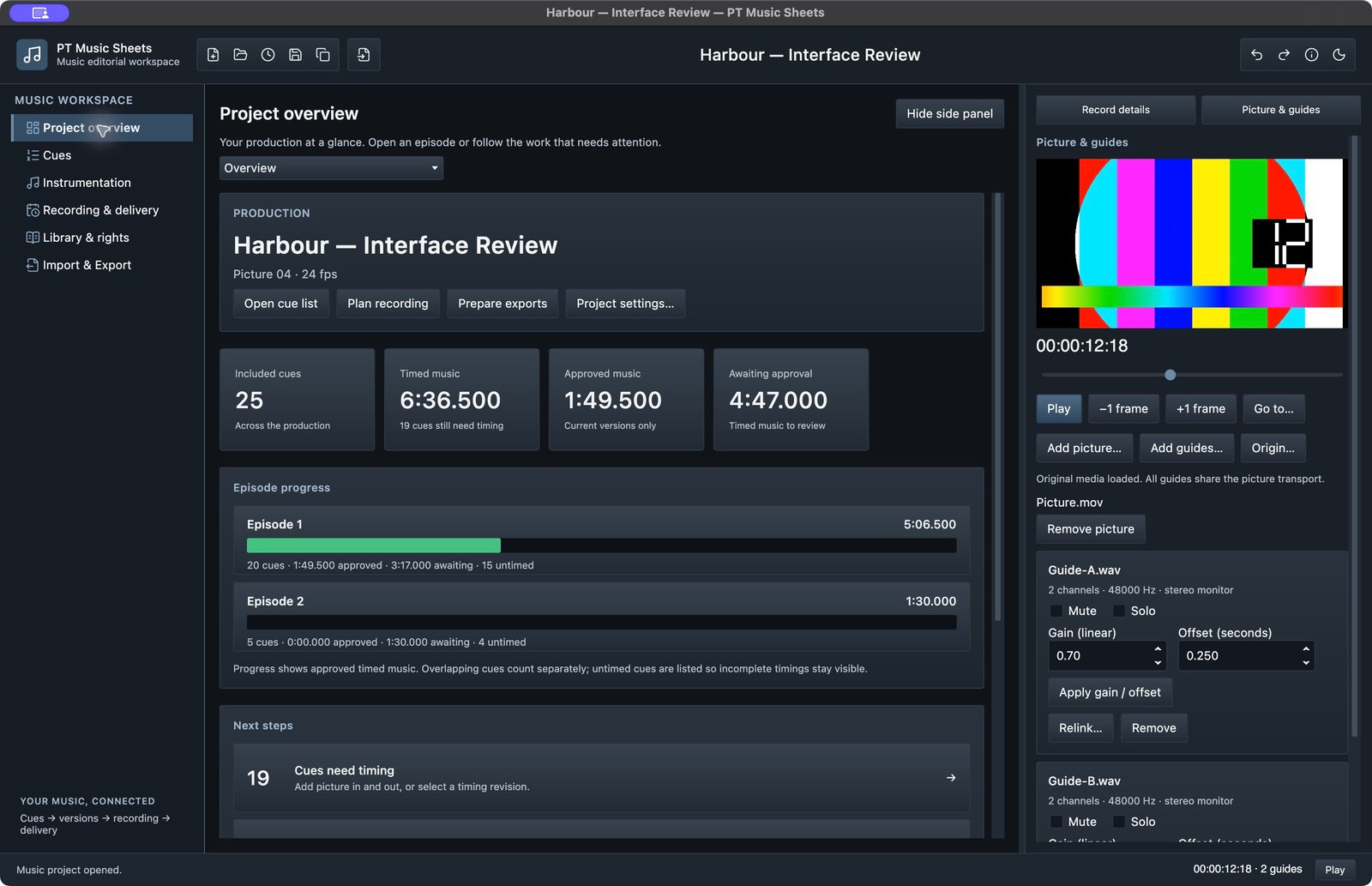 Project overview with picture and guides panel showing test bars and transport controls