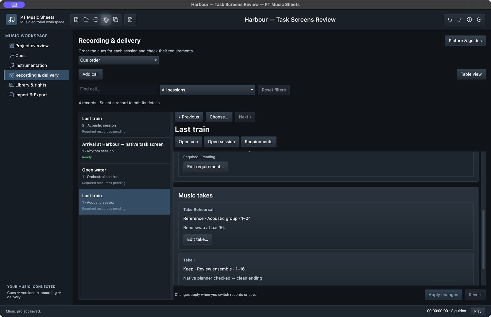 Recording and delivery workspace showing a music take journal