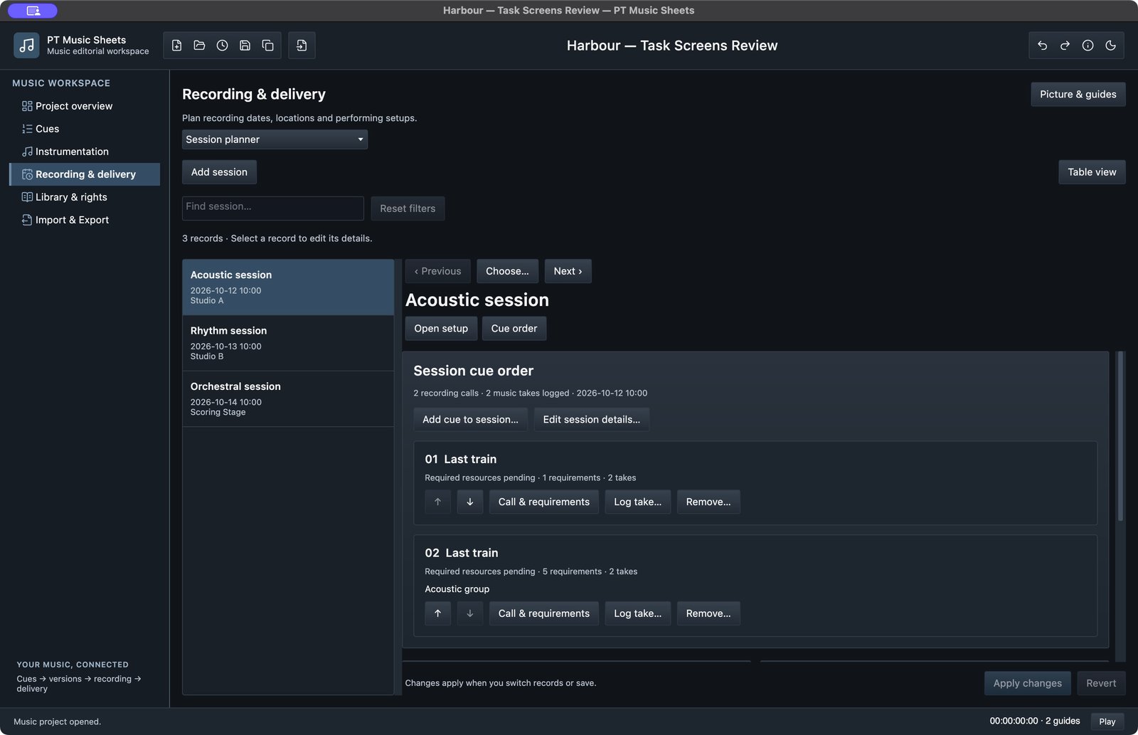 Session cue order with two recording calls and move controls