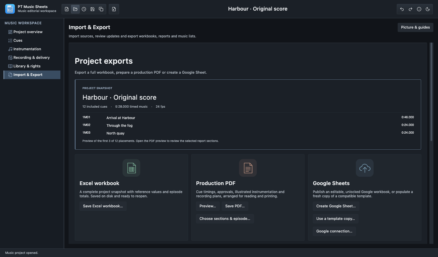 Project exports screen with workbook, production PDF and Google Sheets options