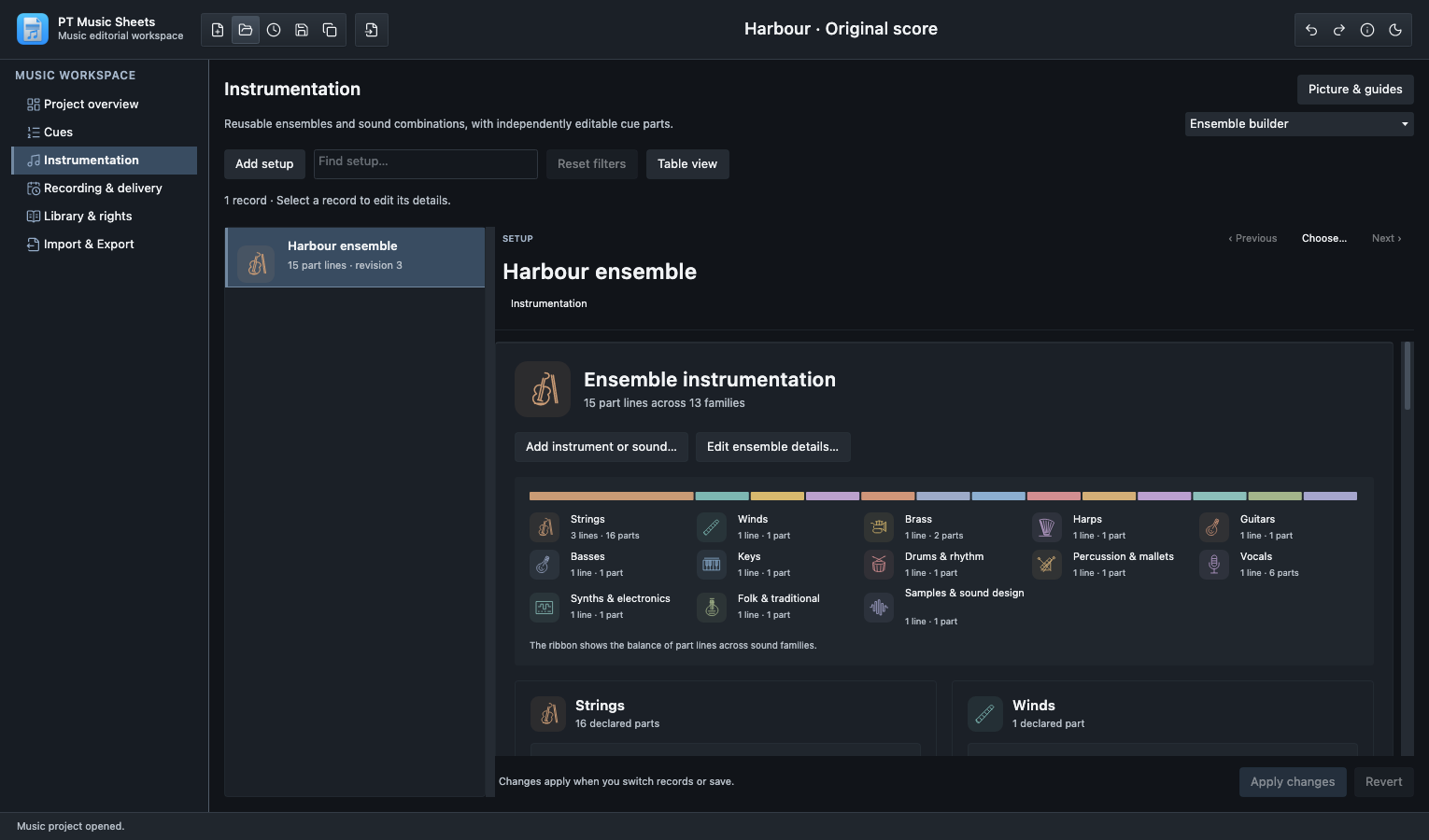 Ensemble instrumentation workspace showing sound families