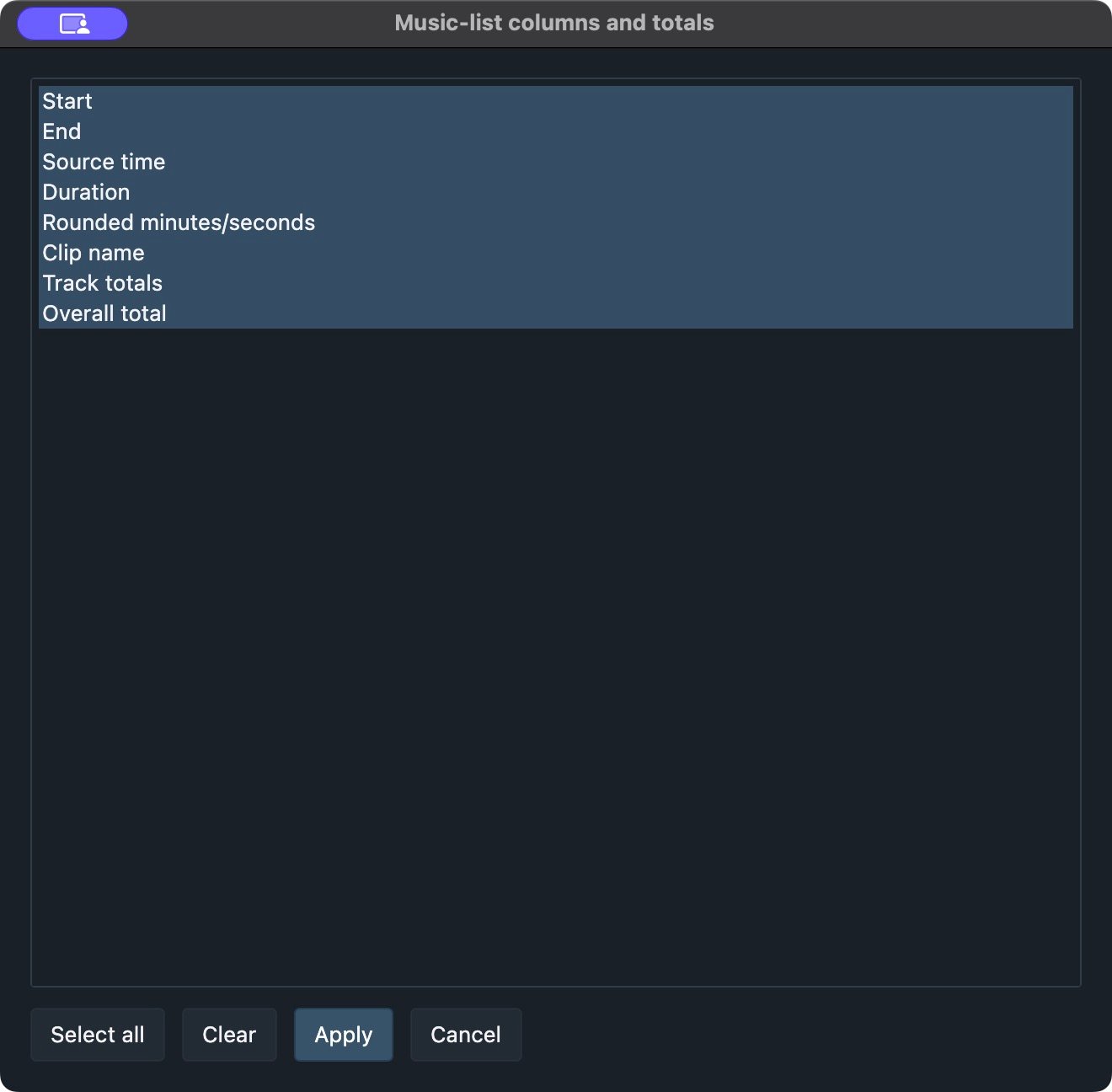 Music-list columns and totals selection dialog