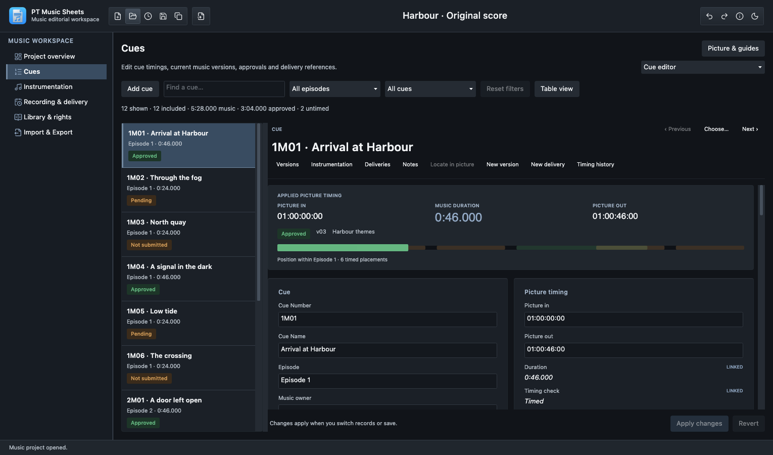 Cue editor with searchable cue navigator and picture timing fields
