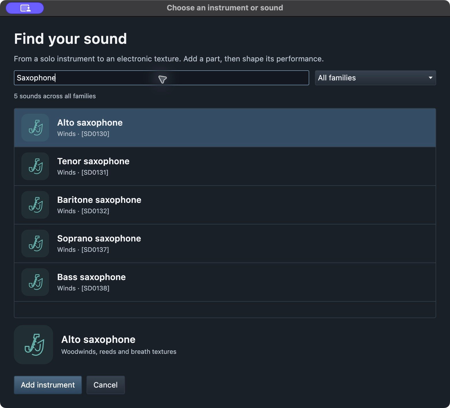 Instrument and sound picker showing saxophone search results