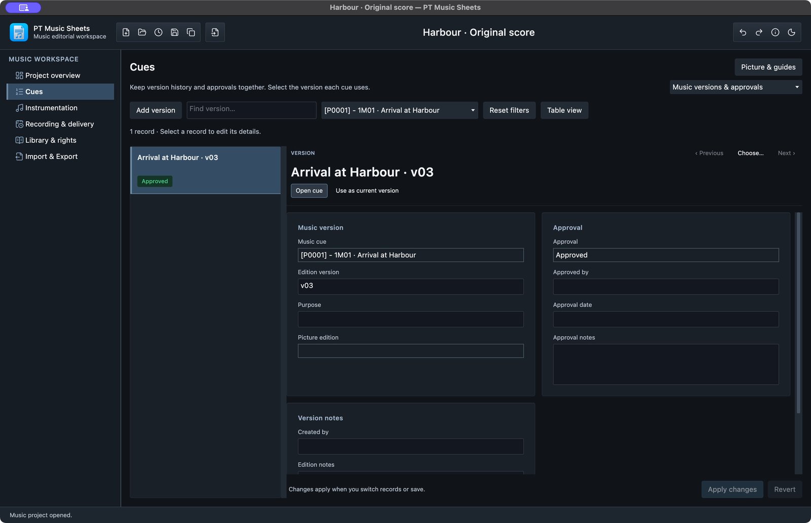 Music version and approval fields for Arrival at Harbour
