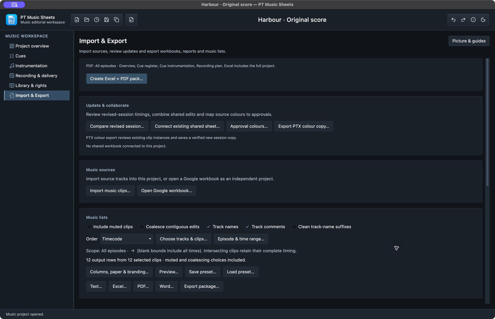 Import and export controls for revised sessions and detailed music lists