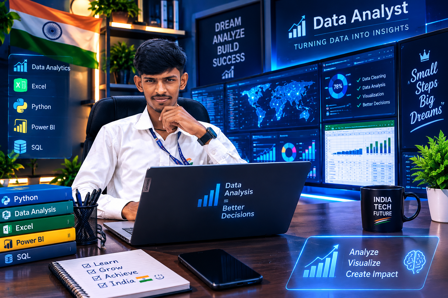 Data Analyst डेस्क पर प्रोफेशनल पोर्ट्रेट — Data Analysis और Insights थीम