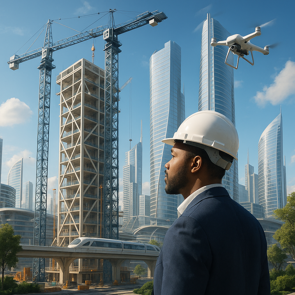 Ingenieur blickt auf eine moderne Stadtlandschaft