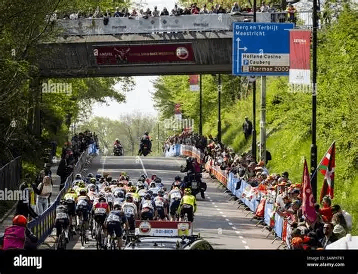 Peloton wielrenners beklimt de Cauberg tijdens de Amstel Gold Race, omringd door toeschouwers.