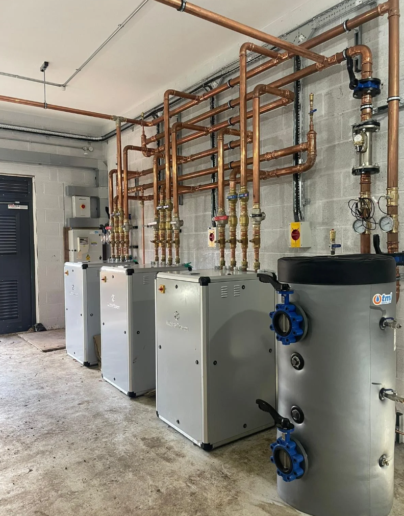 Industrial HVAC system with copper piping and heat pump units