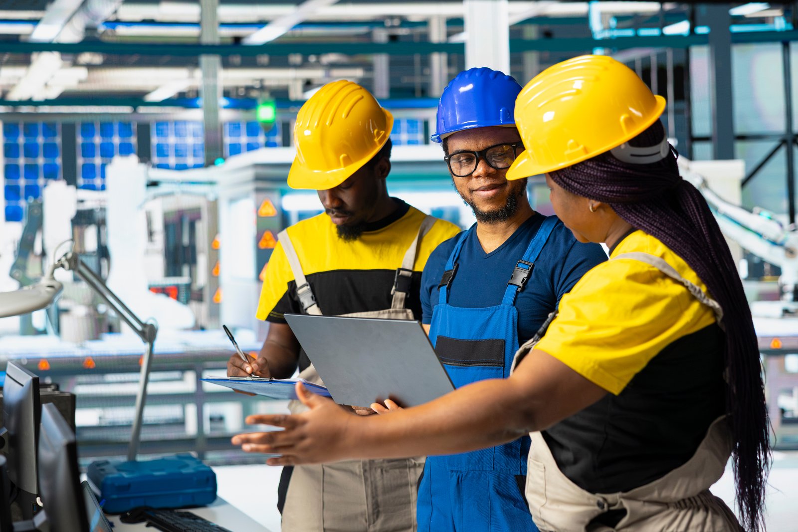 Ingénieurs et techniciens africains collaborant sur un site industriel