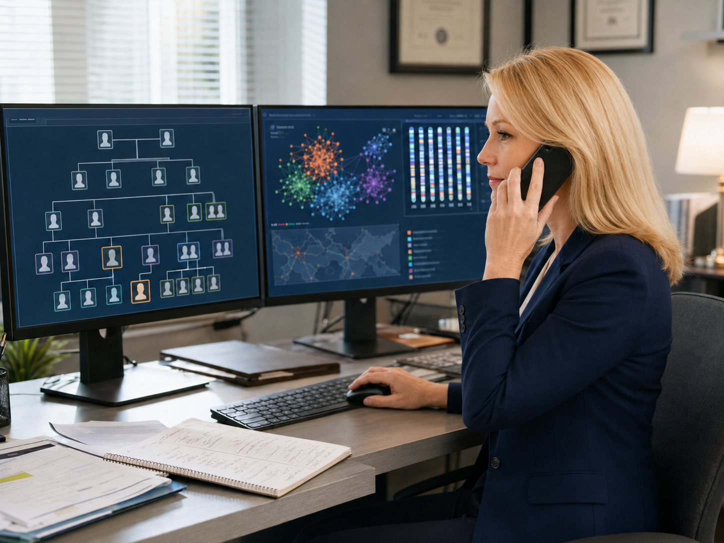 Professional photograph of Christine Burke at her desk with dual monitors displaying data analysis and organizational charts