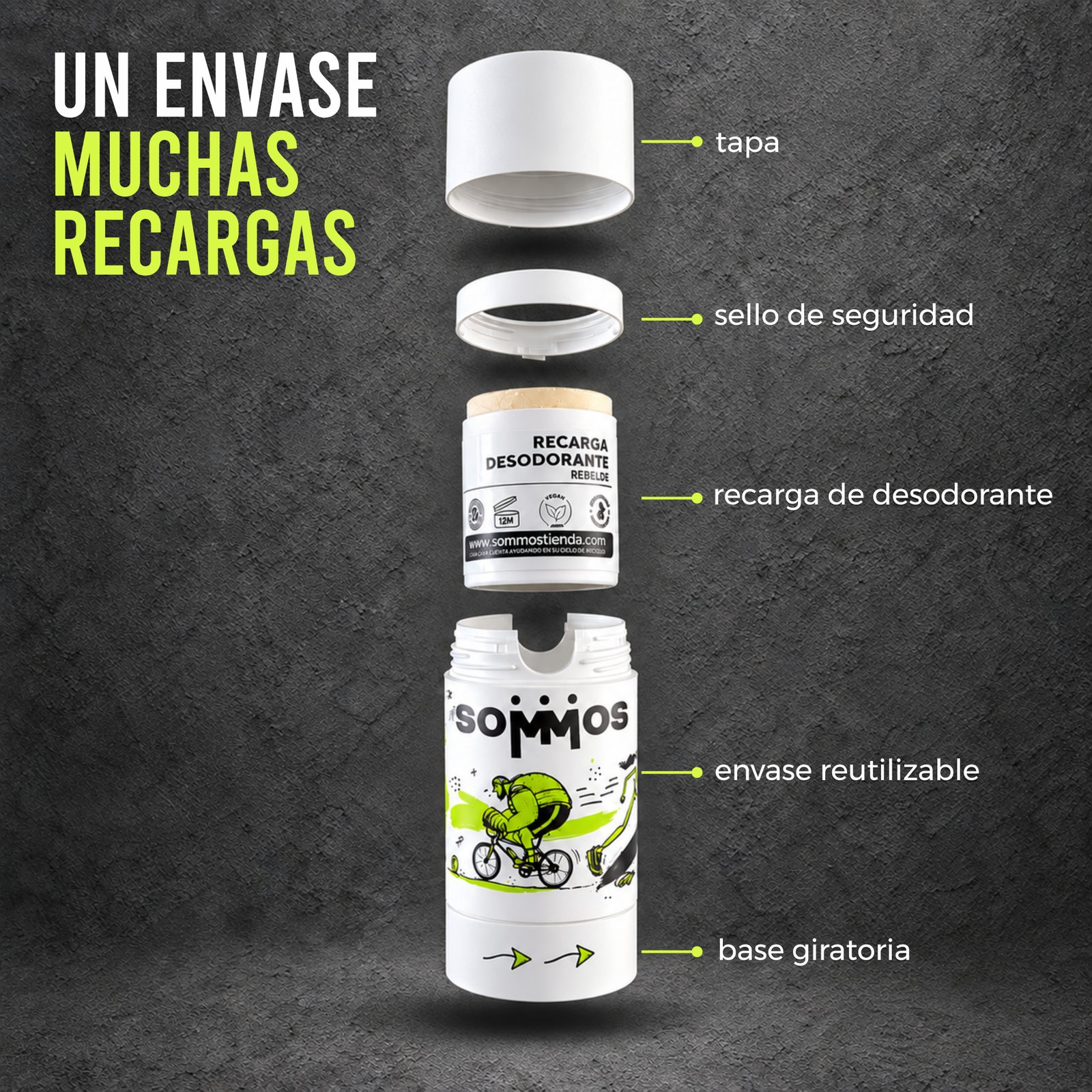 Estuche reutilizable Sommos desarmado: tapa, sello, recarga y base