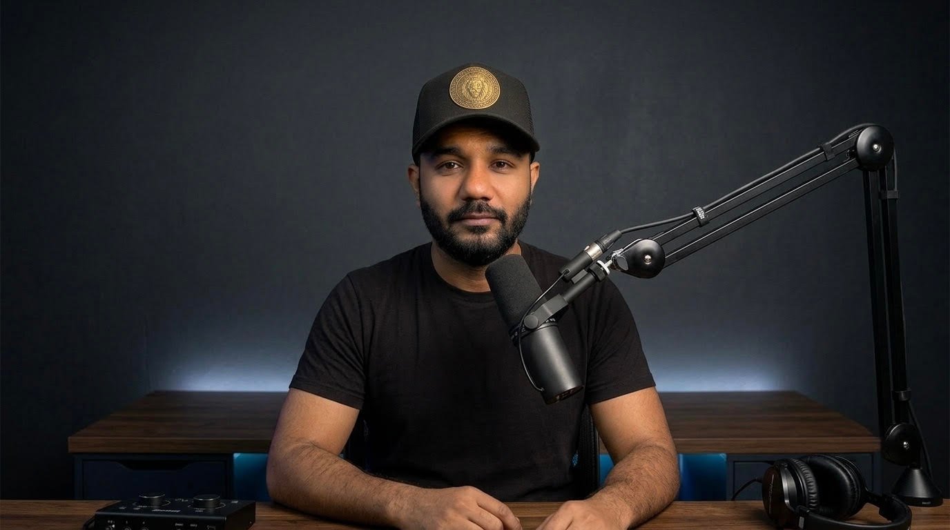 Founder of PrimeSkillVault.com at a podcast desk with microphone and studio gear